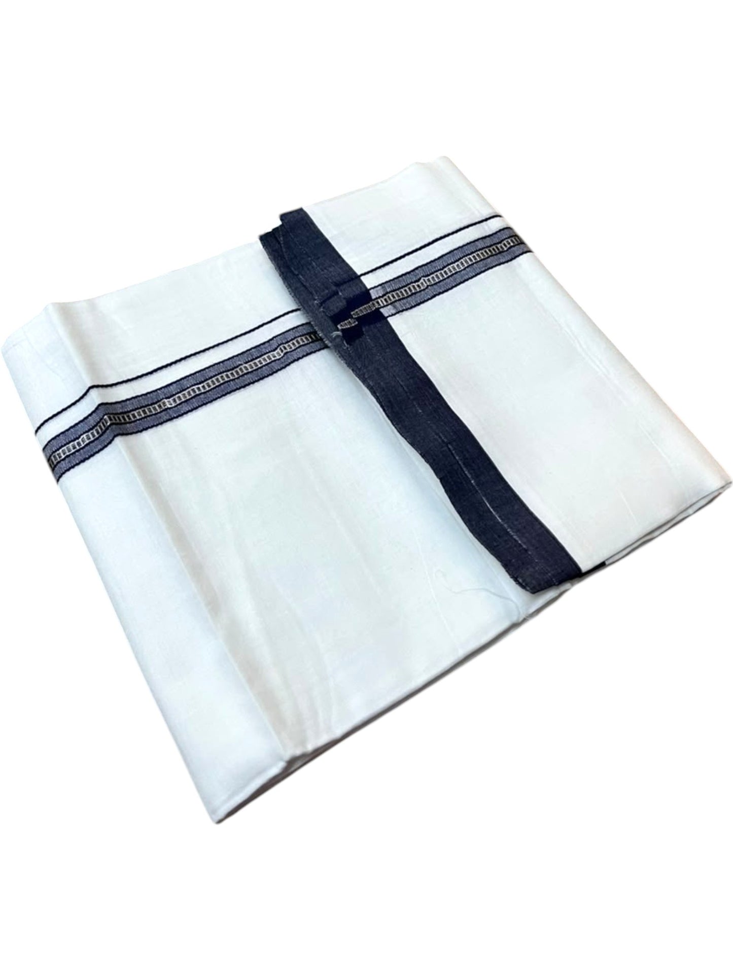 Southloom Pure White Cotton Mundu with Blue & Silver Line Border (South Indian Kerala Dhoti)