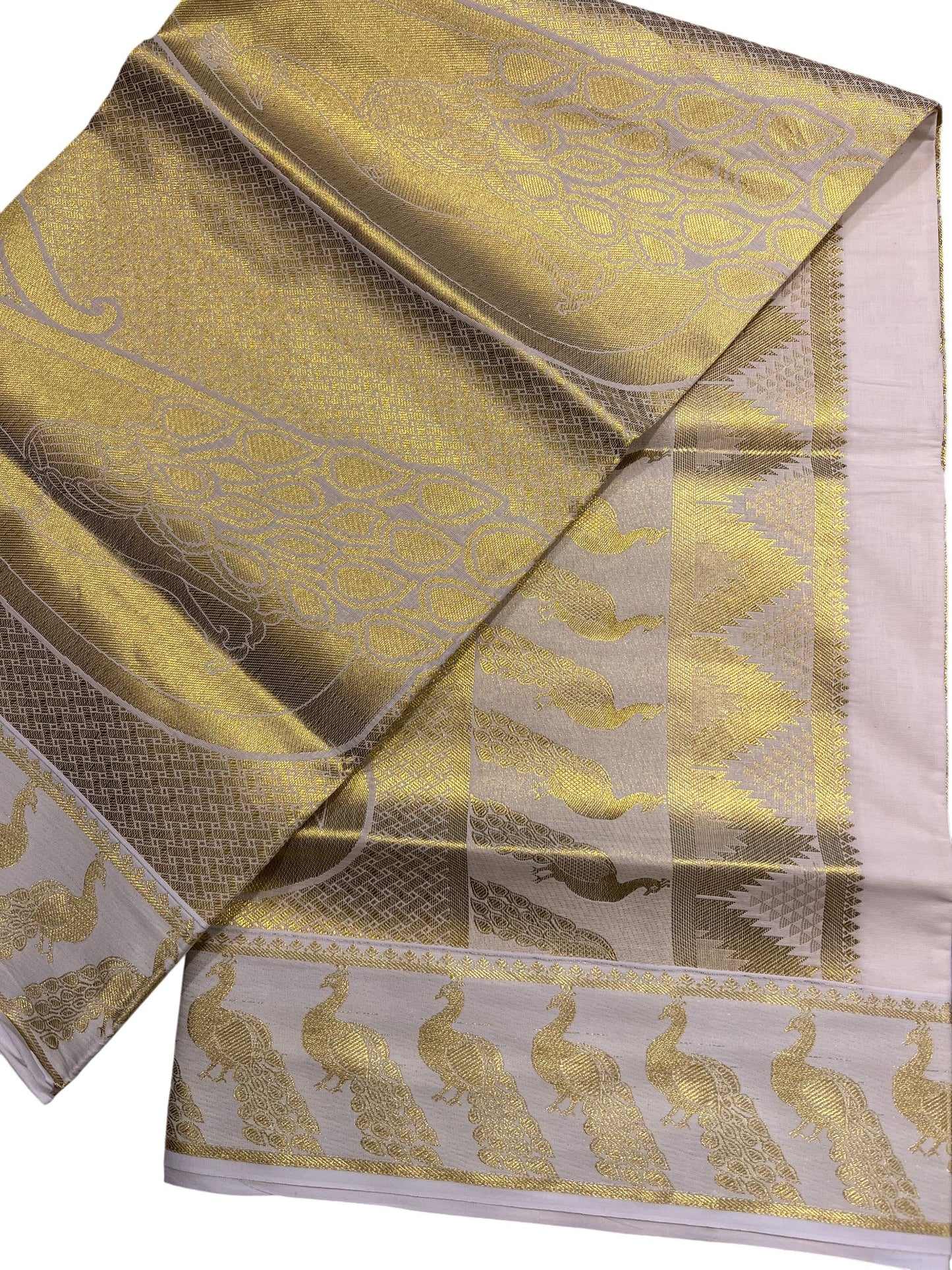 Southloom Cotton Kasavu Replica Saree with Golden Works Across Body and Kasavu Border