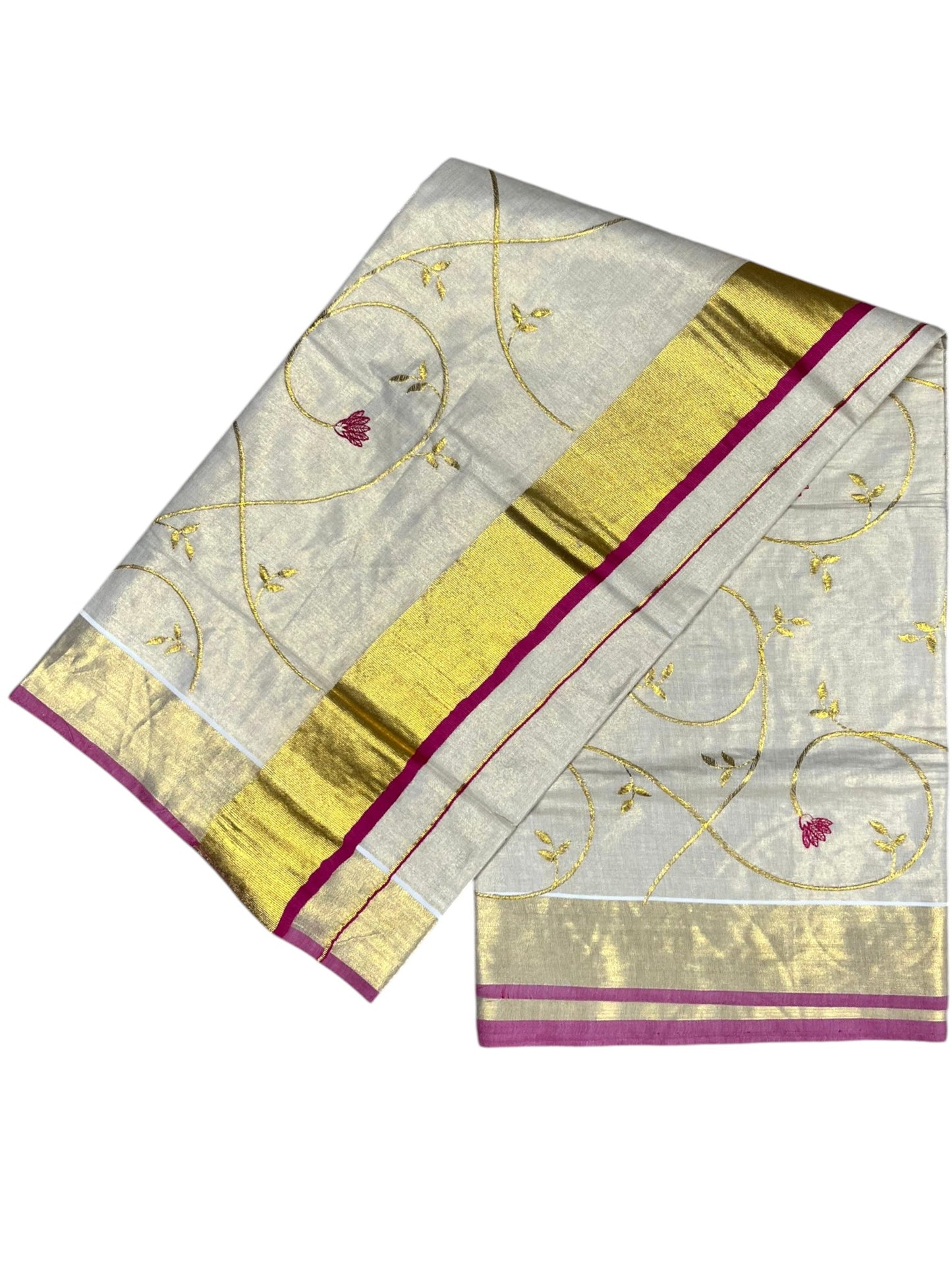 Southloom Kerala Tissue Kasavu Saree with Magenta and Gold Embroidery Across Body