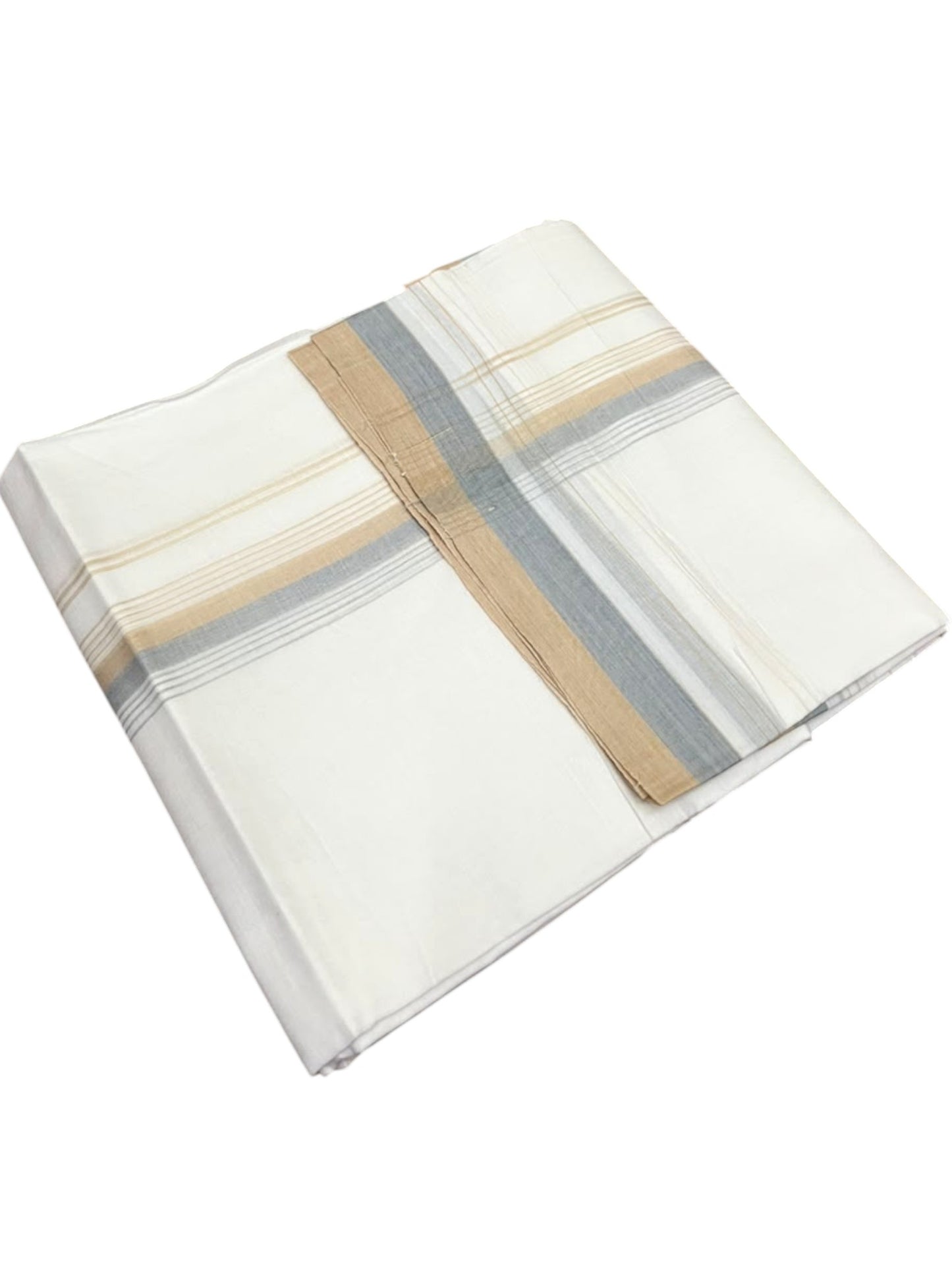 Southloom Pure Cotton Mundu with Beige & Grey Border (South Indian Kerala Dhoti)