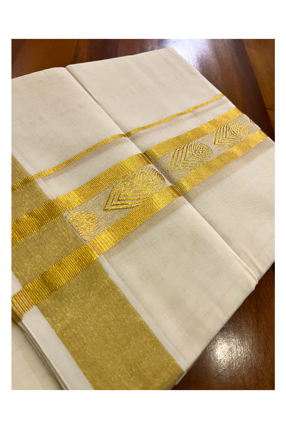 Southloom Premium Handloom Wedding Mundu with Kasavu Feather Woven Border (South Indian Kerala Dhoti)