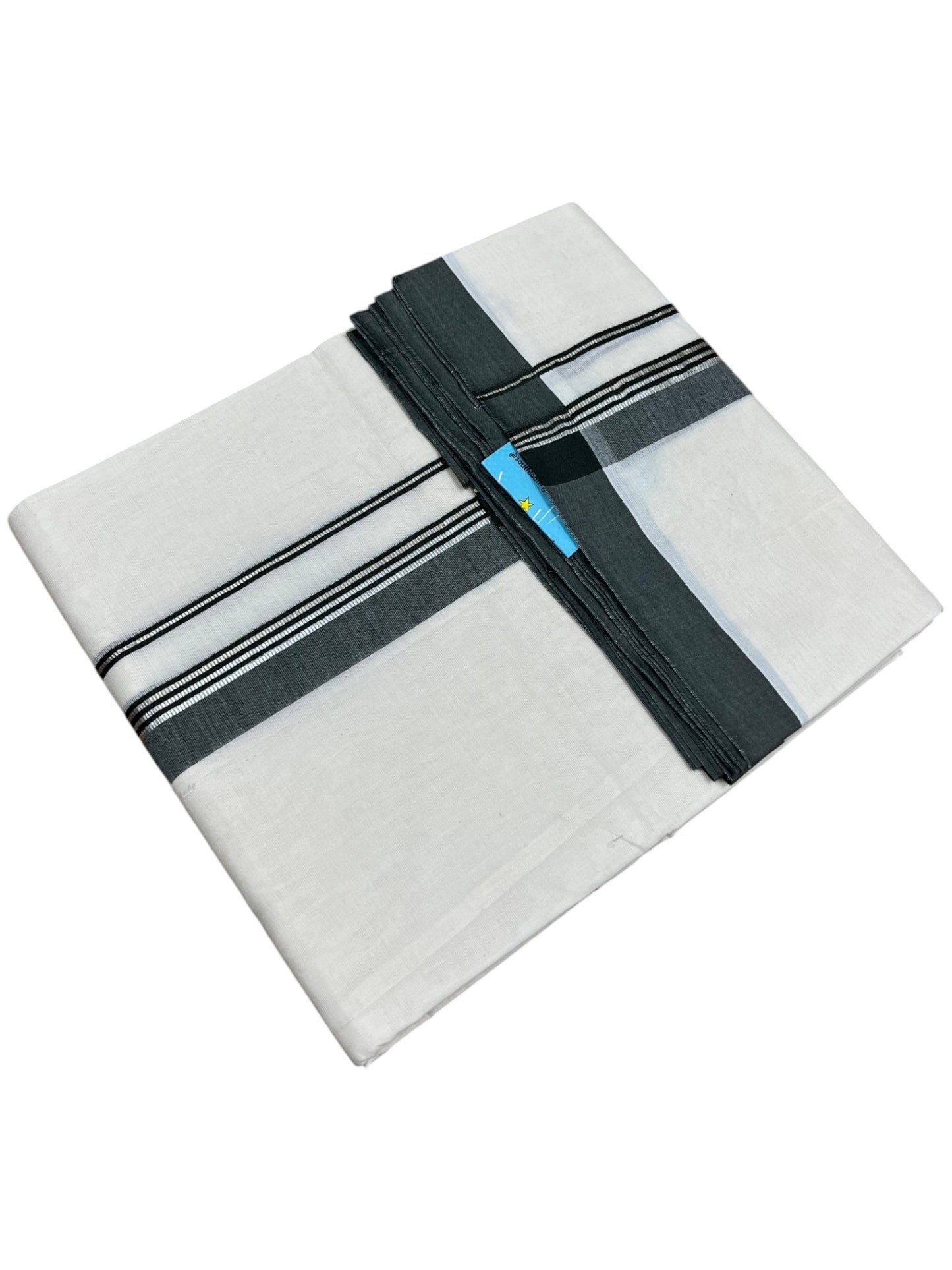 Southloom Pure Cotton Mundu with Silver Lines and Green Border (South Indian Kerala Dhoti)