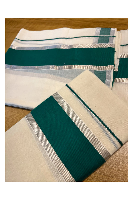 Kerala Cotton Mundum Neriyathum Single (Set Mundu) with Dark Green and Silver Kasavu Border 2.80 Mtrs