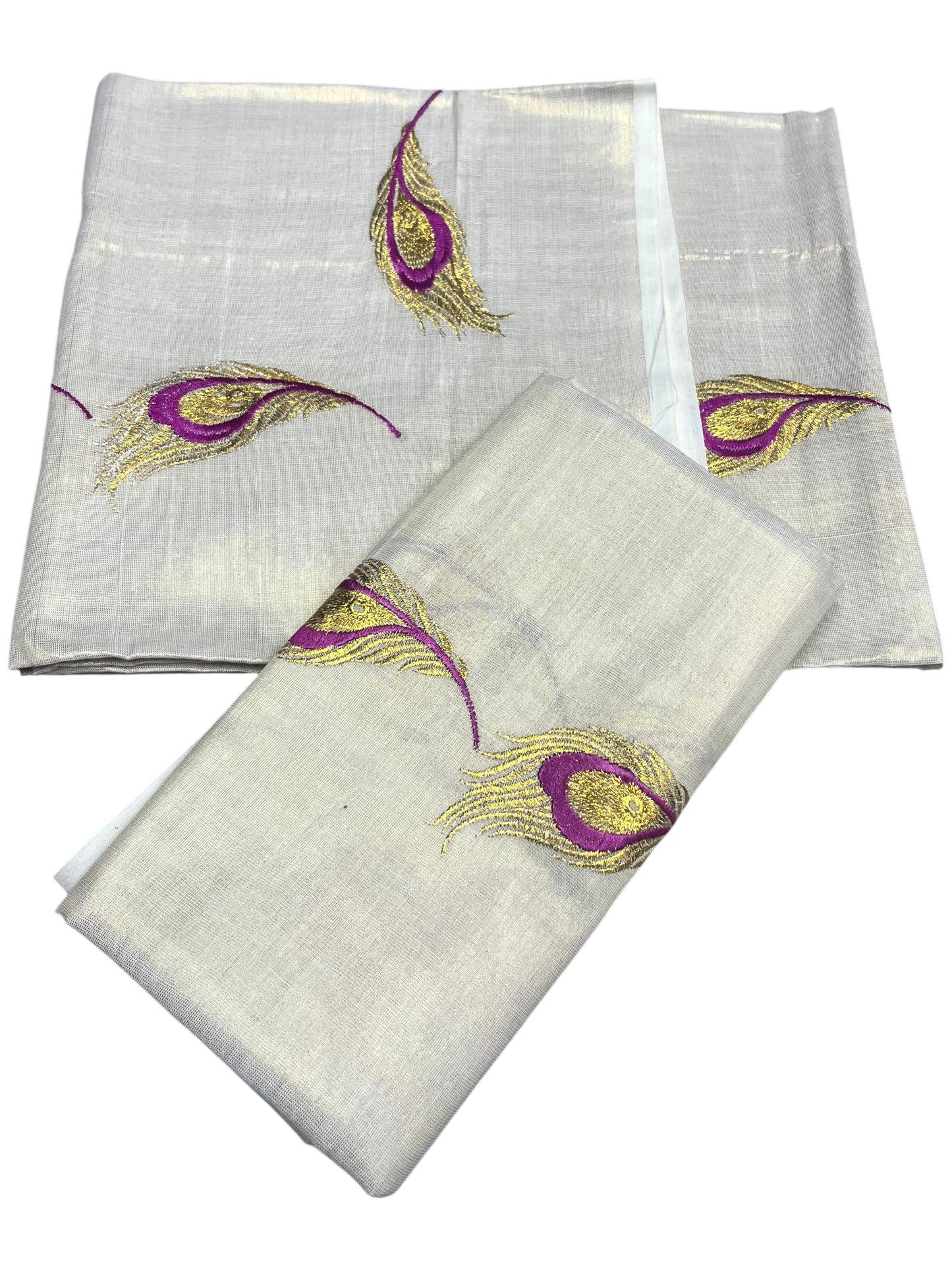 Southloom Kerala Tissue Kasavu Single Set Mundu (Mundum Neriyathum) Magenta and Golden Feather Embroidery Work