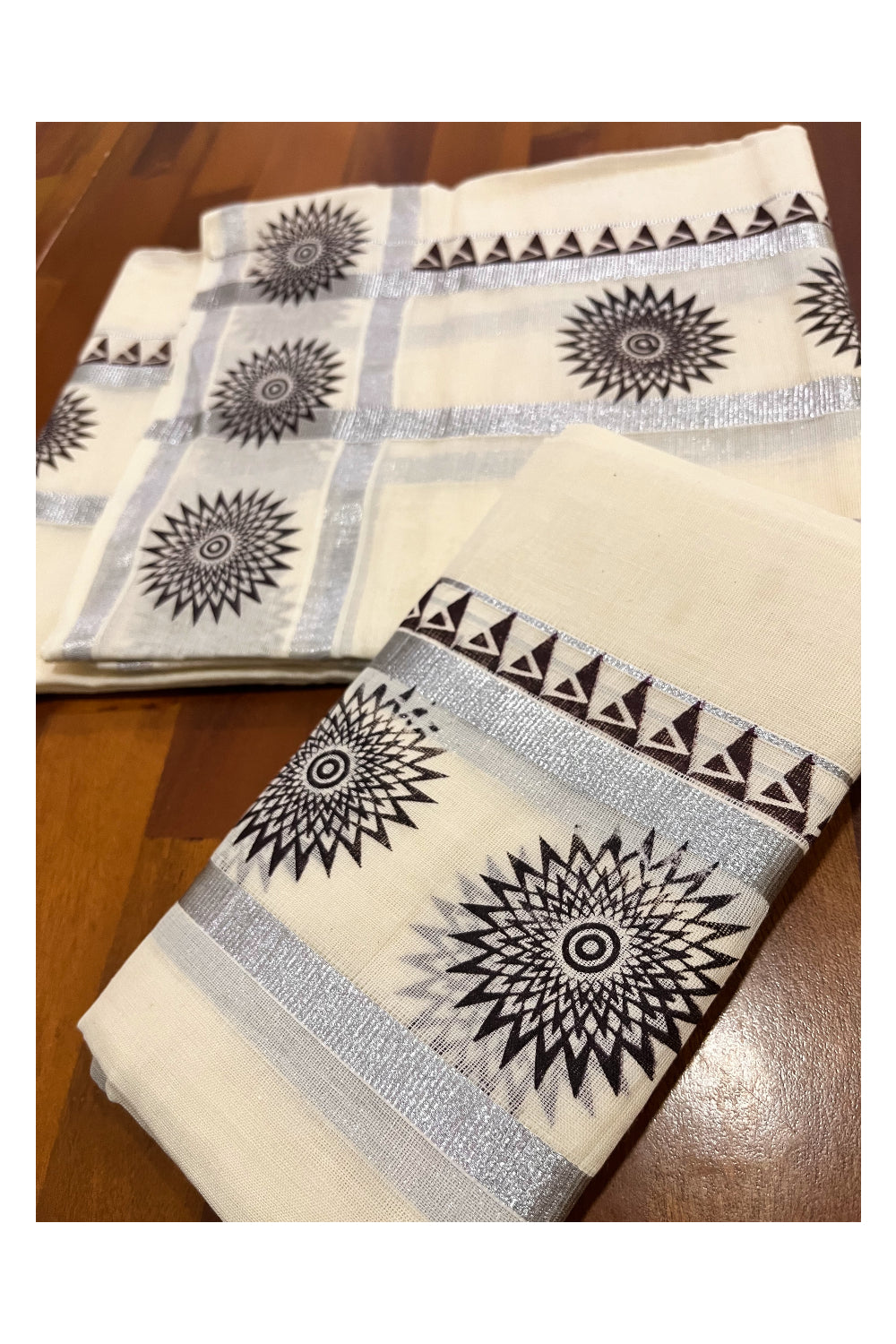 Kerala Pure Cotton Set Mundu Single (Mundum Neriyathum) with Dark Brown Temple Block Prints on Silver Kasavu Border