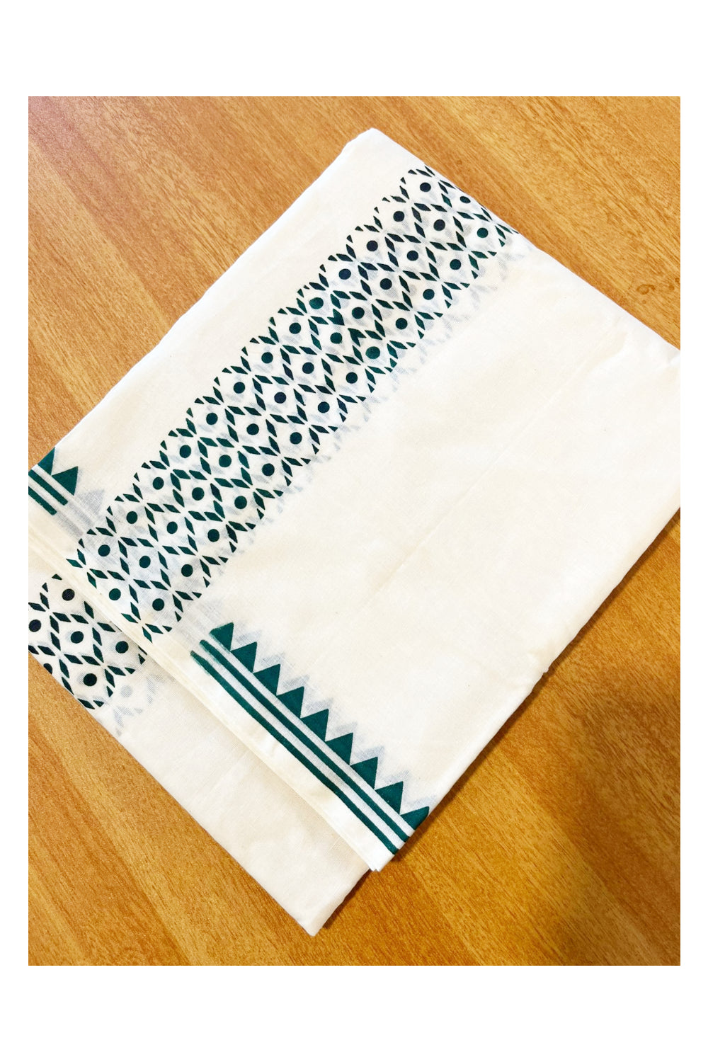 Pure Cotton Off White Double Mundu with Green Block Prints On Border (South Indian KeralaDhoti )