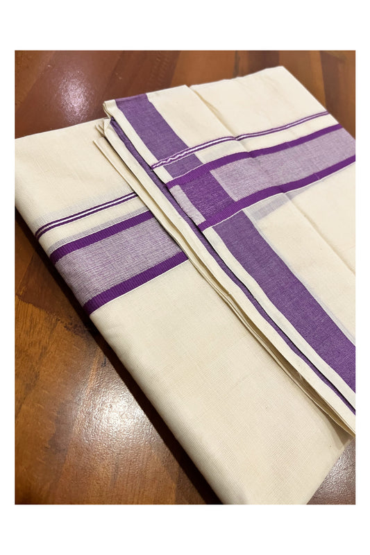 Pure Cotton Off White Double Mundu with Silver Kasavu and Violet Border (South Indian Dhoti)