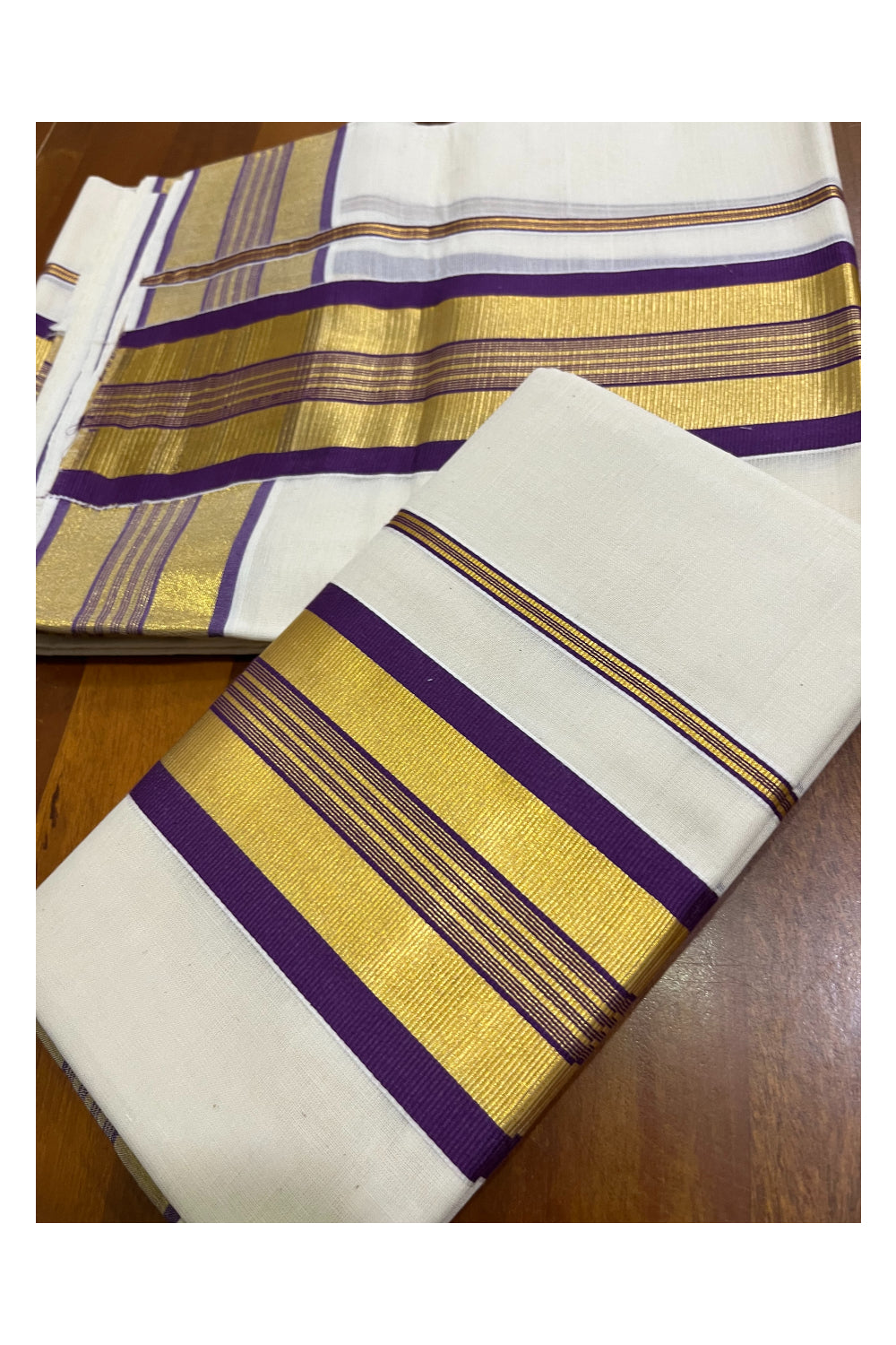 Kerala Cotton Set Mundu (Mundum Neriyathum) with Violet and Kasavu Border 2.80 Mtrs