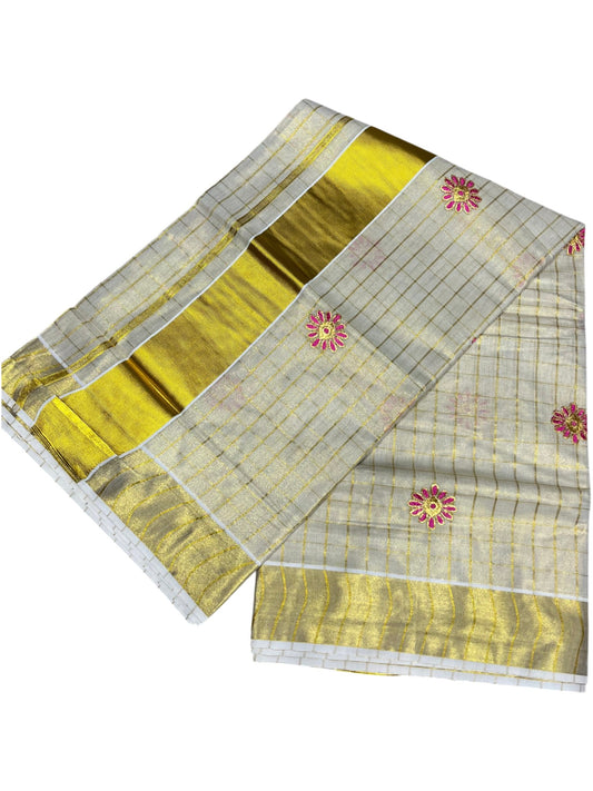 Southloom Tissue Kerala Kasavu Check Saree with Floral Embroidery Design in Pink