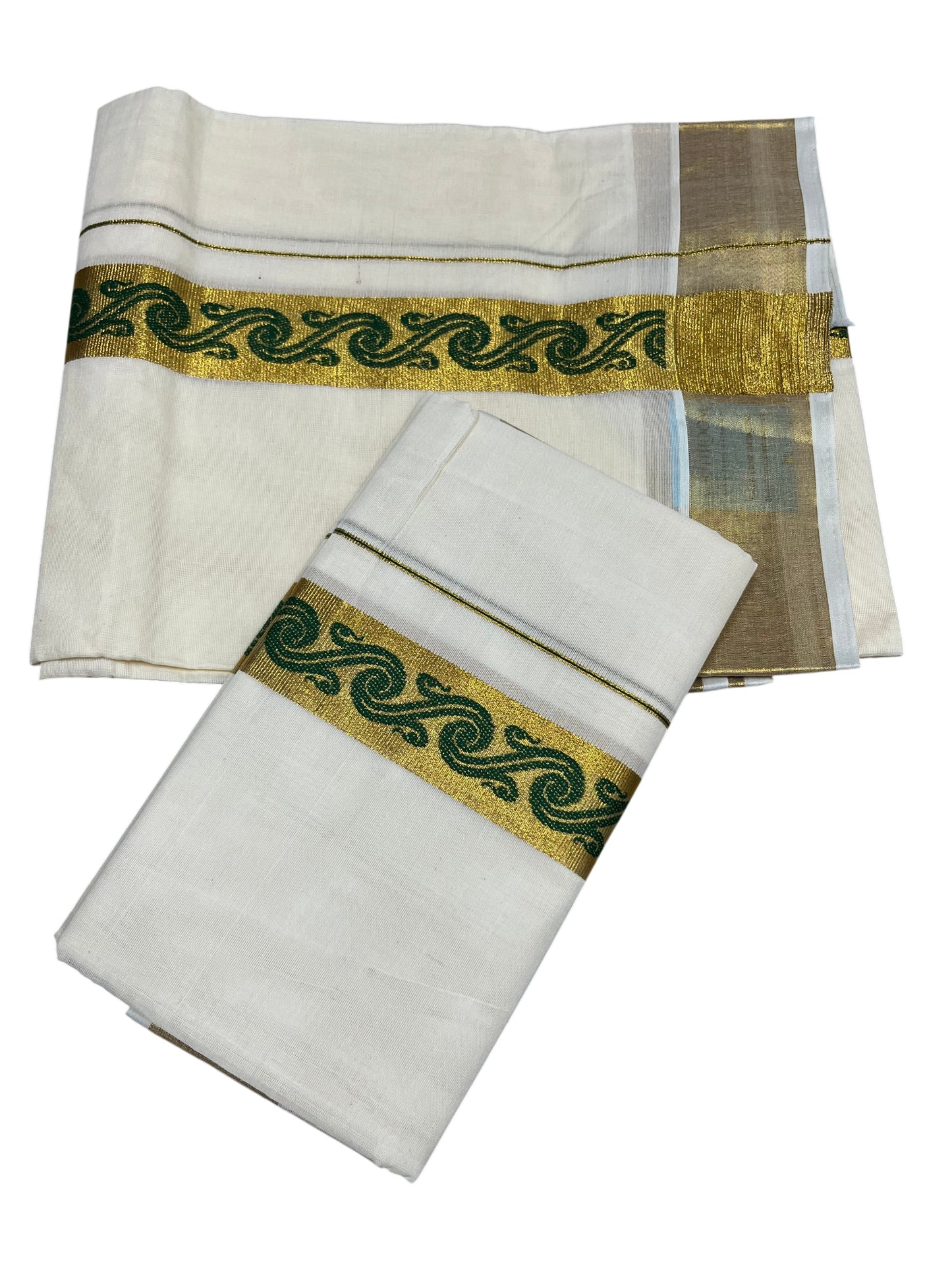 Southloom Kerala Pure Cotton Set mundu  (Mundum Neriyathum) with Green Block Prints on Kasavu Border-2.80Mtrs