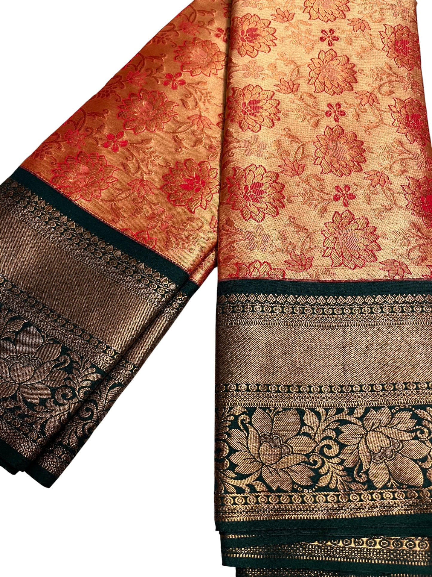 Southloom Banarasi Semi Silk Saree with Floral Zari Work Across Body (Peach & Green)