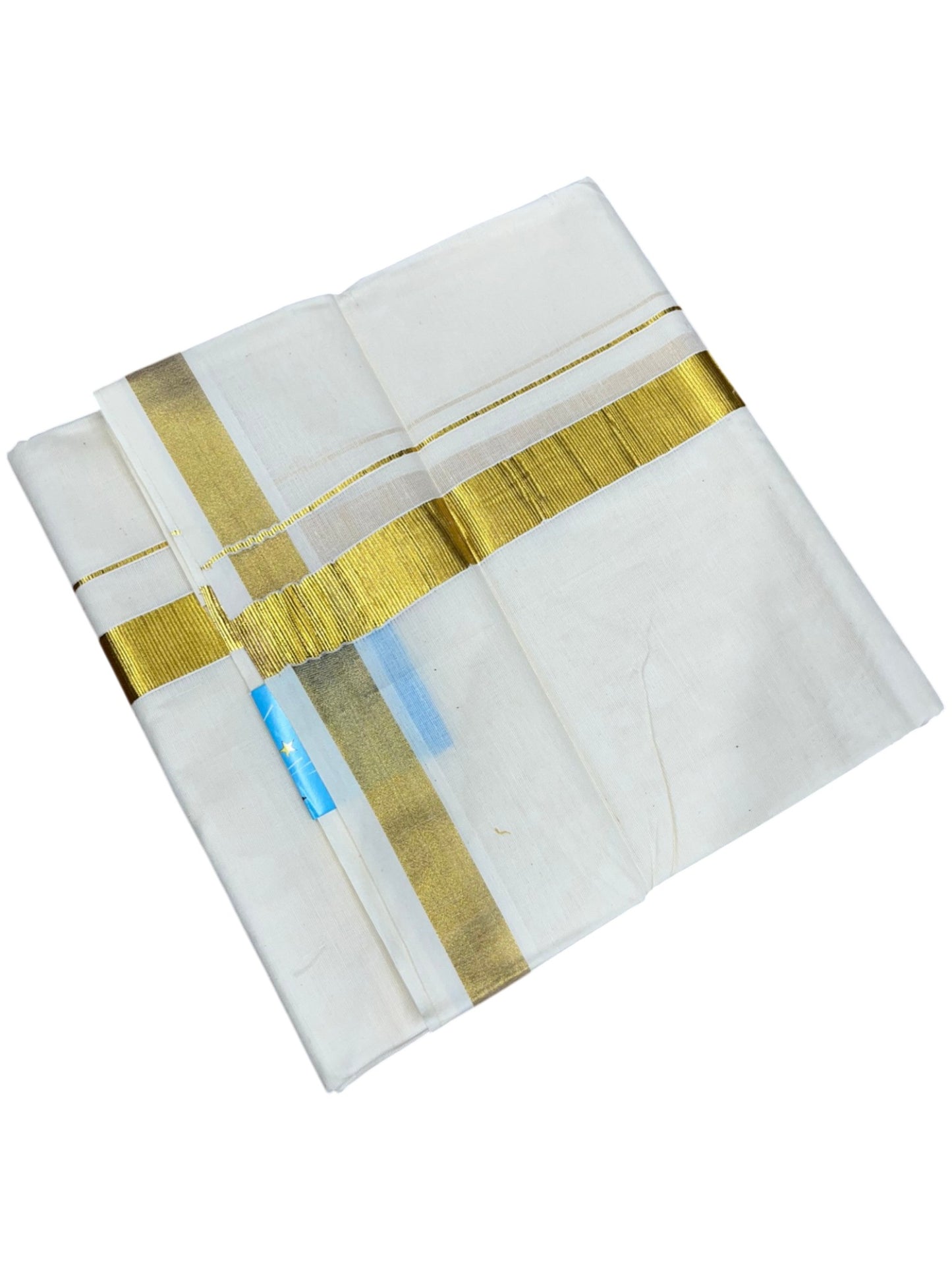 Southloom Kerala Pure Cotton Double Mundu with Gold Kasavu and Border (South Indian Dhoti)