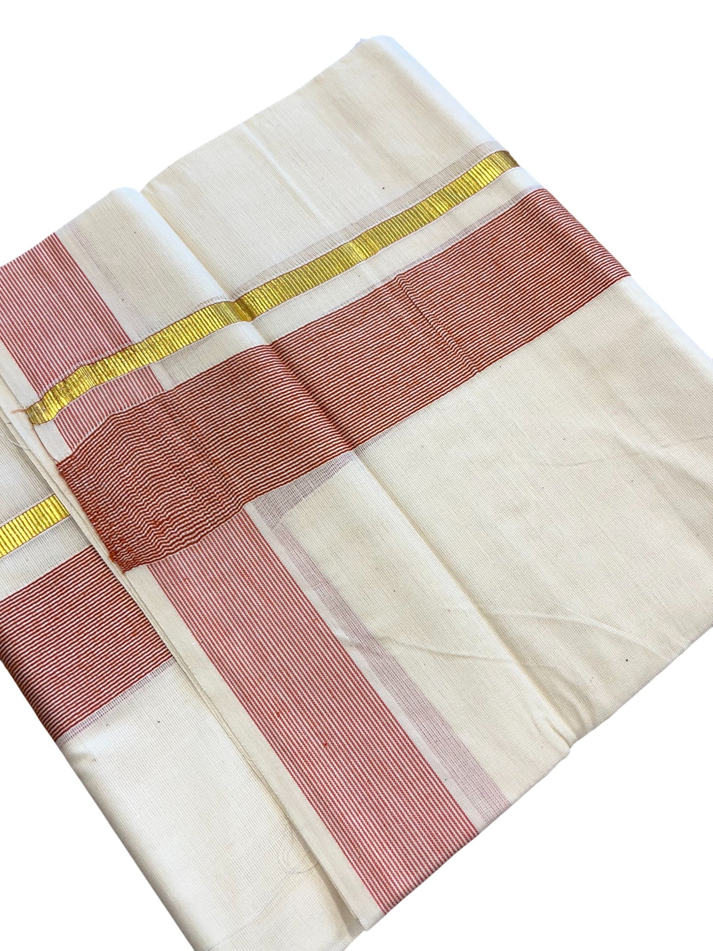 Southloom Kerala Pure Cotton Double Mundu with Gold Lines & Red Border (South Indian Dhoti)