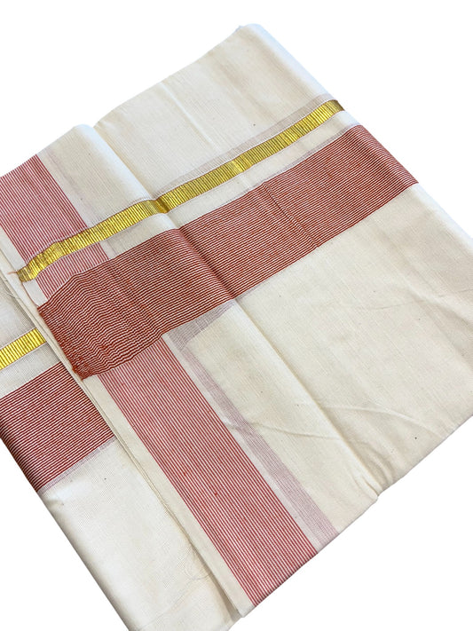 Southloom Kerala Pure Cotton Double Mundu with Gold Lines & Red Border (South Indian Dhoti)