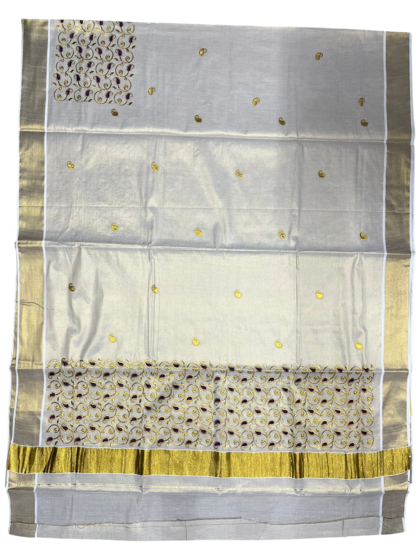 Southloom Tissue Kerala Kasavu Plain Saree with Purple &Gold Embroidery Designs on Body