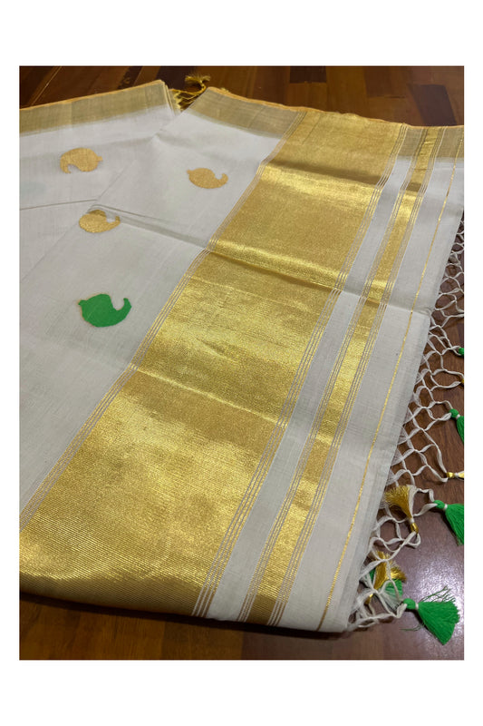 Southloom Super Premium Balaramapuram Unakkupaavu Handloom Kasavu Saree with and Light Green and Golden Paisley Woven Designs on Border