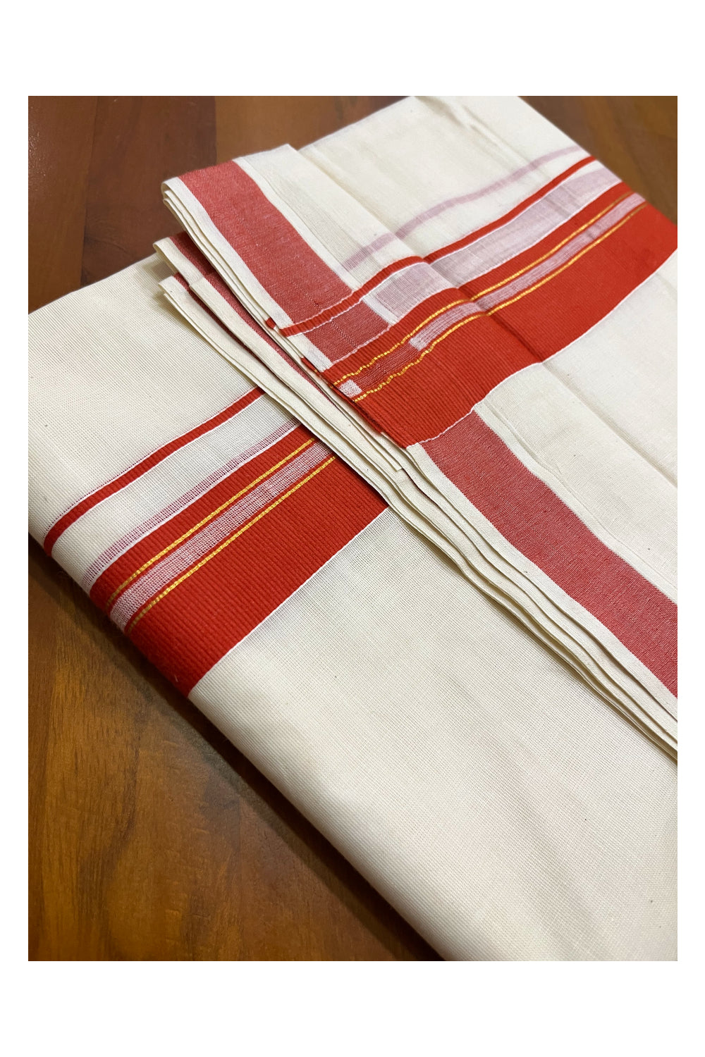 Pure Cotton Kerala Double Mundu with Orange and Kasavu Line Kara (South Indian Kerala Dhoti)