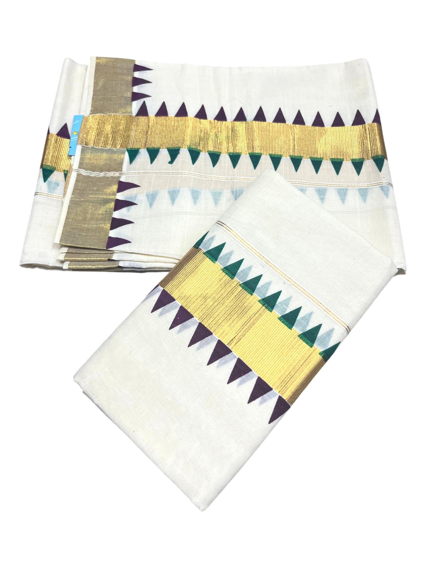 Southloom Kerala Cotton Kasavu Single Set Mundu (Mundum Neriyathum) with purple And Green Temple Design Border SLKK