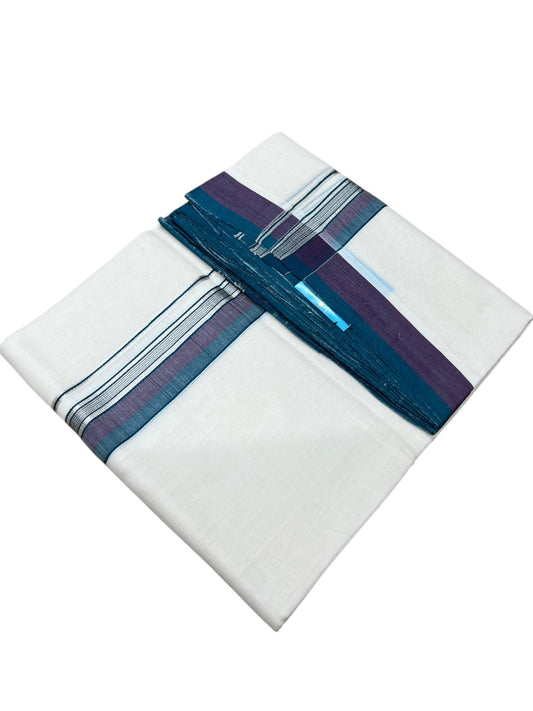 Southloom Balaramapuram Unakkupaavu Premium Handloom Cotton Double Mundu with Silver Kasavu and Peacock Blue Border