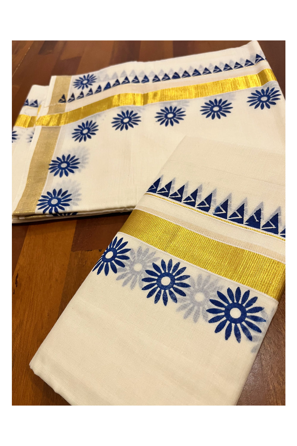 Kerala Pure Cotton Kasavu Set Mundu Single (Mundum Neriyathum) with Blue Block Prints and Temple Border 2.80 Mtrs