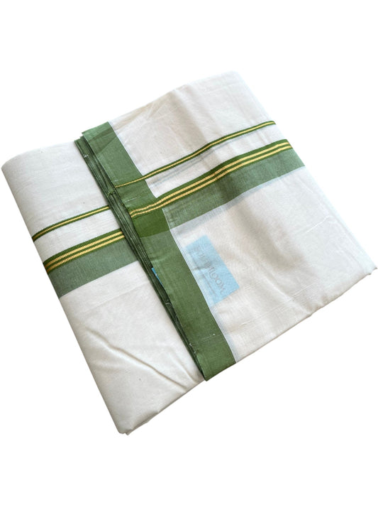Southloom Pure Cotton Mundu with Golden Lines and Olive Green Border (South Indian Kerala Dhoti)