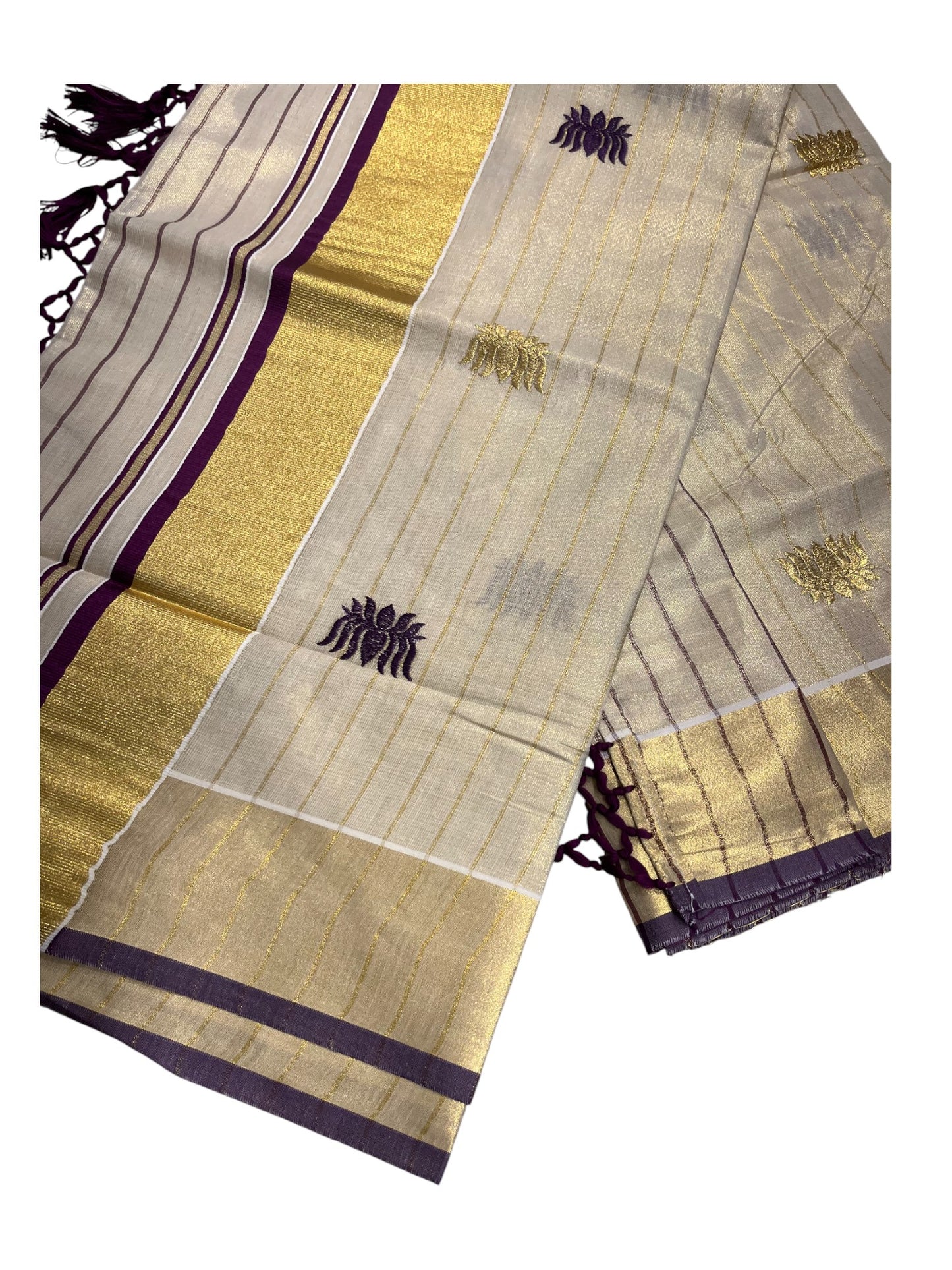 Southloom Kerala Tissue Kasavu Line Saree with Purple Lotus Embroidery Works