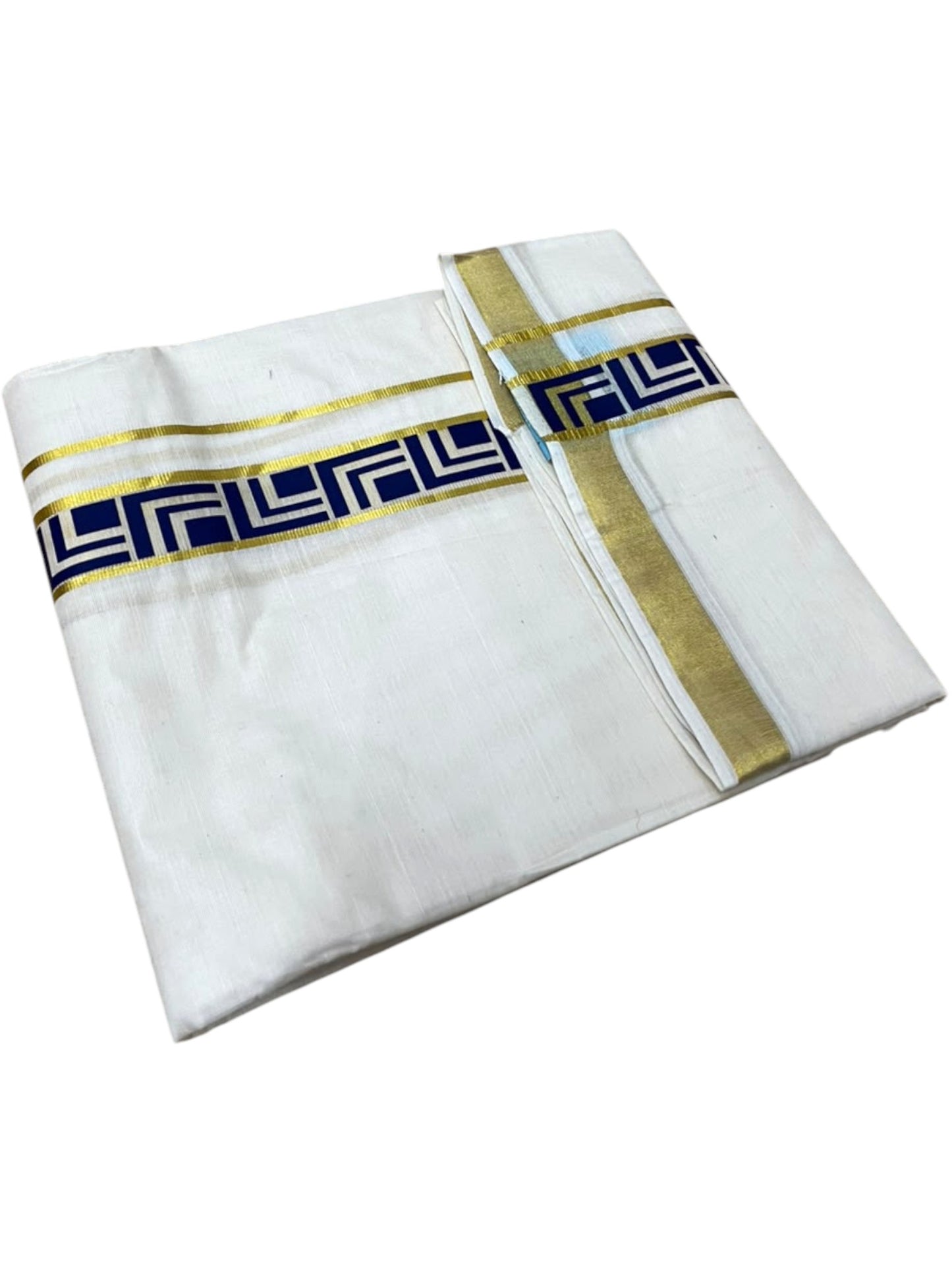 Southloom Pure Cotton Double Mundu with Blue Block Printed And Ksavu Border (South Indian Kerala Dhoti)