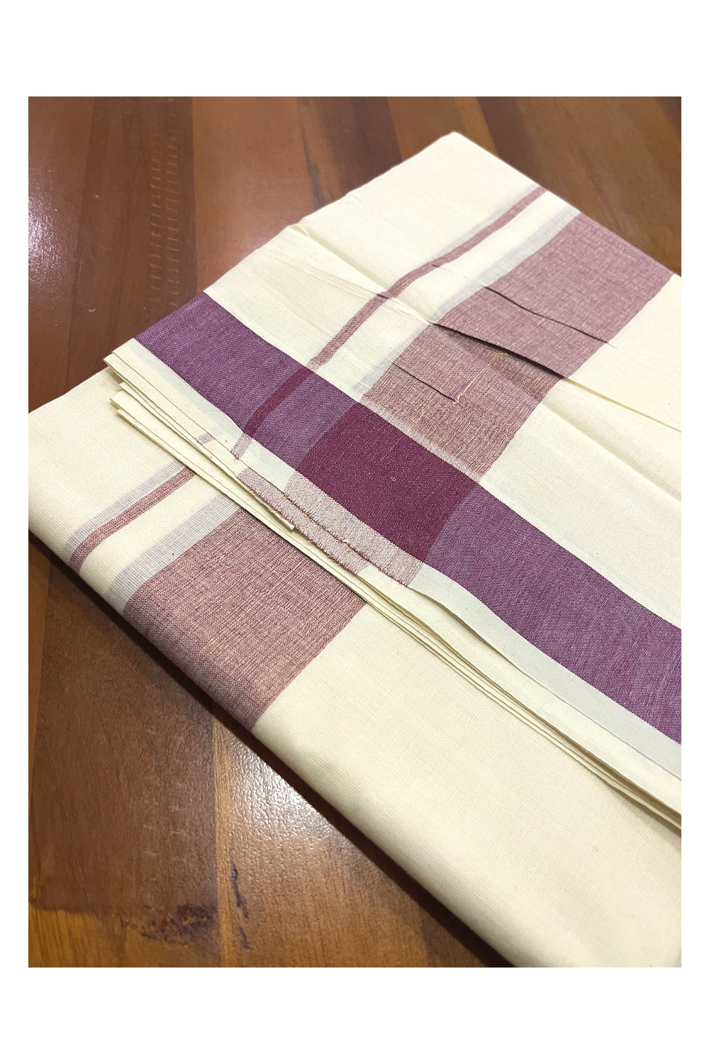 Pure Cotton Kerala Double Mundu with Purple Kasavu Kara (South Indian Kerala Dhoti)