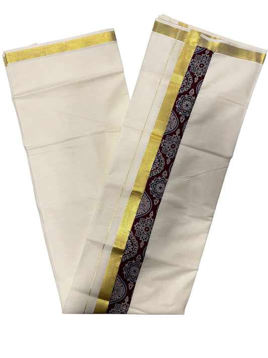 Southloom Pure Cotton Mundu with Kasavu And Blue Ajrakh Print (South Indian Kerala Dhoti)