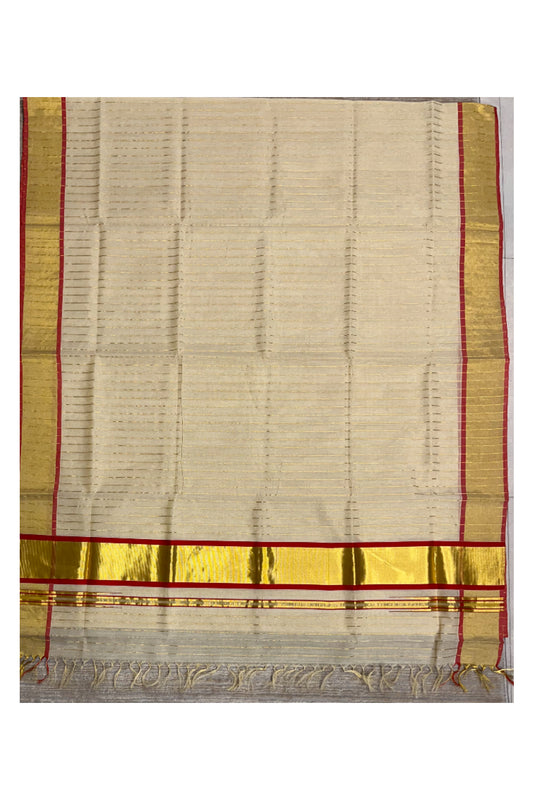 Southloom Premium Handloom Tissue Kasavu Lines Design Kerala Saree with Red Border