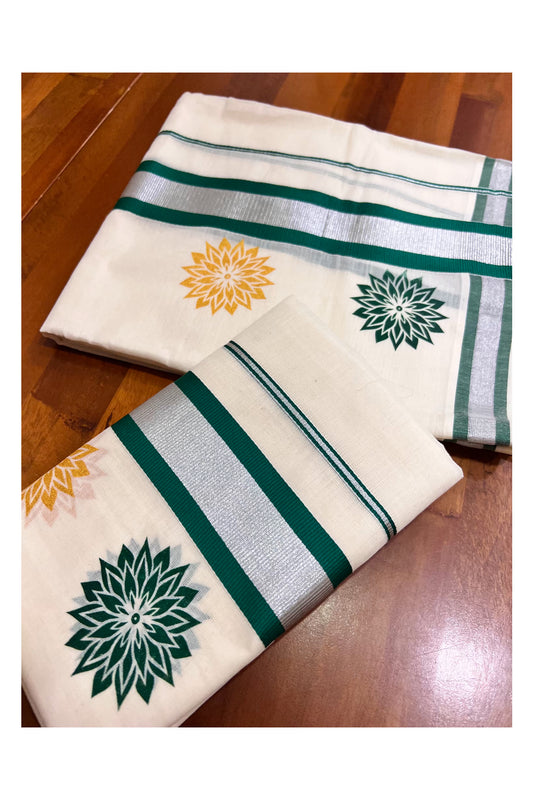Kerala Cotton Mundum Neriyathum Single (Set Mundu) with Green and Yellow Floral Block Prints in Green Silver Kasavu Border