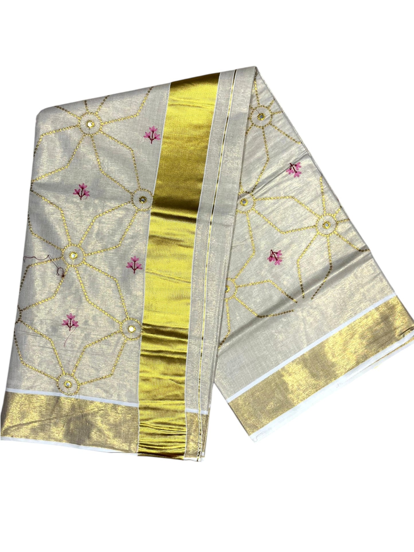 Southloom Kerala Tissue Kasavu Saree with Floral Embroidery Work on Body in Pink