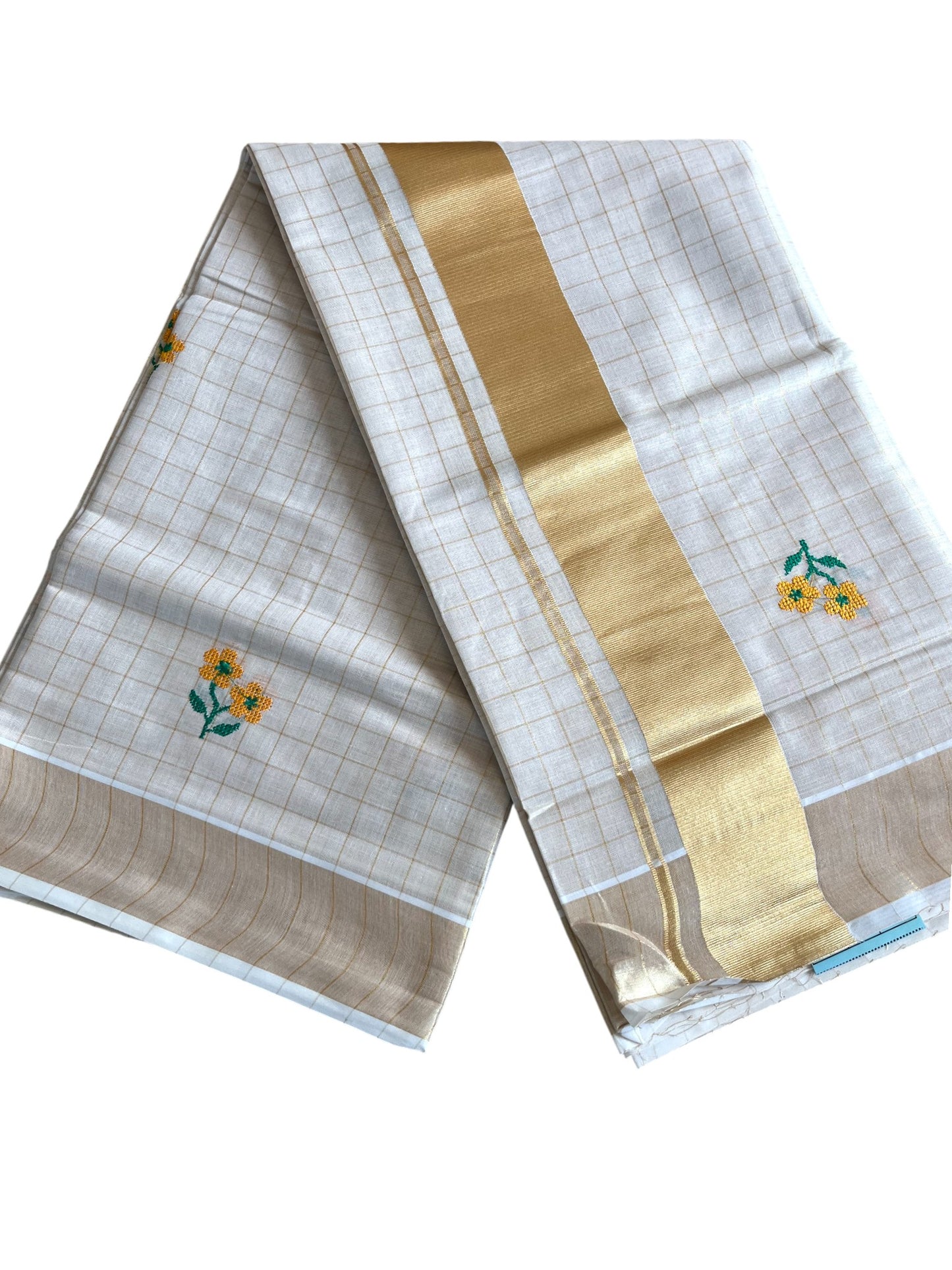 Southloom Kerala Tissue Kasavu Check Saree With Floral Embroidery Work