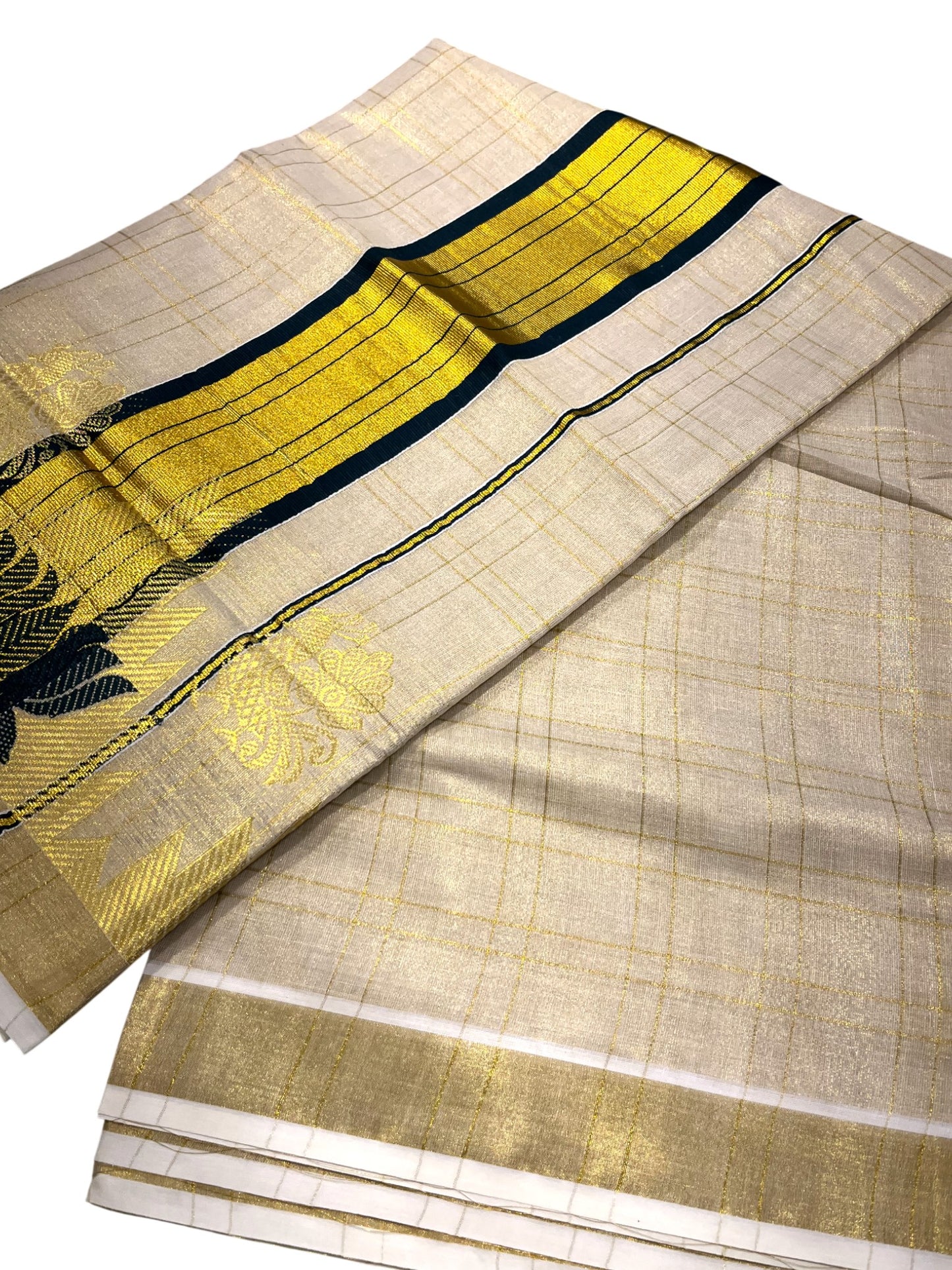 Southloom Tissue Check Kerala Kasavu Saree with Lotus Design And Green Border