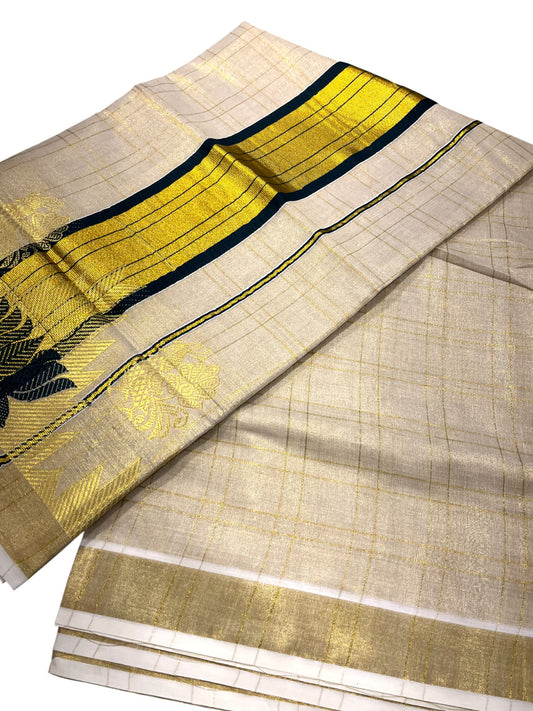 Southloom Tissue Check Kerala Kasavu Saree with Lotus Design And Green Border