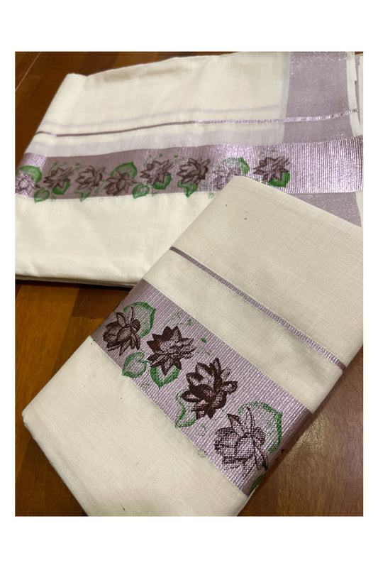 Kerala Pure Cotton Single Set Mundu (Mundum Neriyathum) with Brown Green Block Prints on Rose Copper Kasavu Border