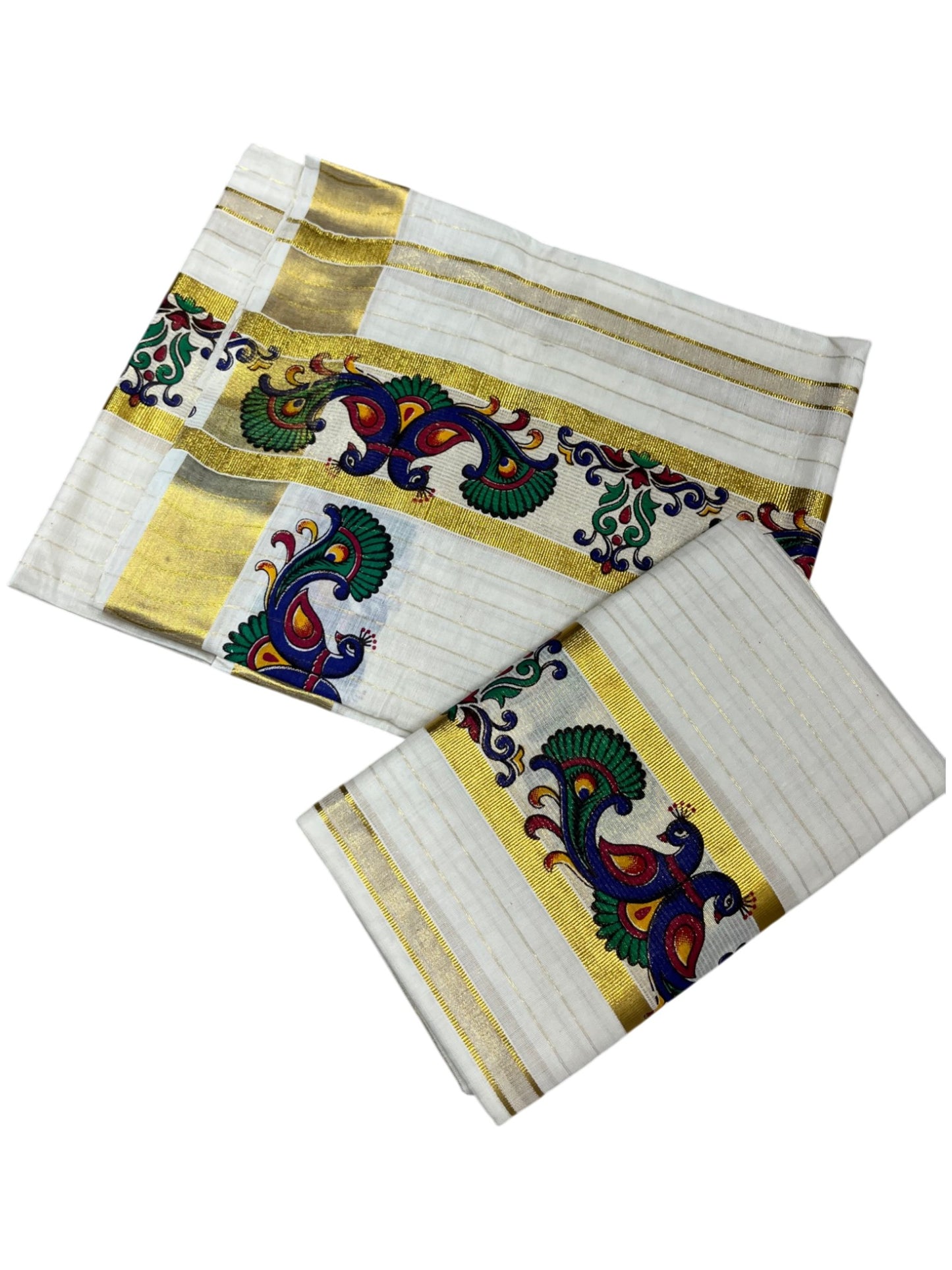 Southloom Cotton Lines Single Set Mundu (Mundu Neriyathum) With Blue Peacock Print And Gold Border Kasavu in 2.80 Mtrs