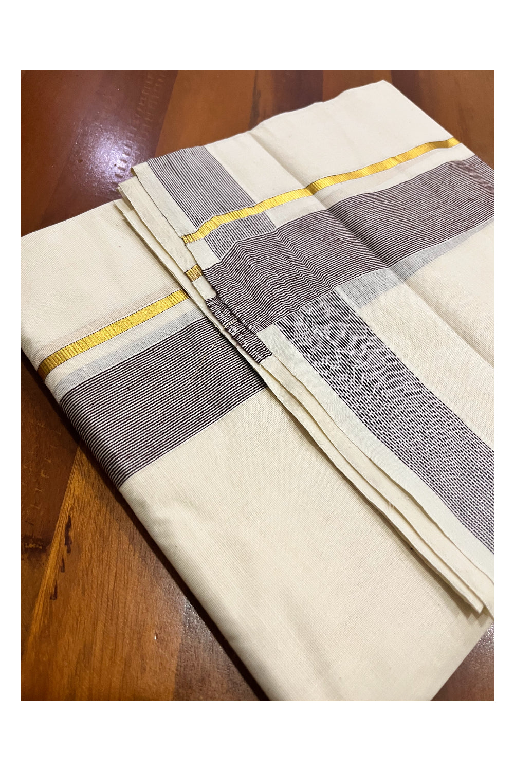 Pure Cotton Mundu with Brown Lines and Kasavu Border (South Indian Kerala Dhoti)