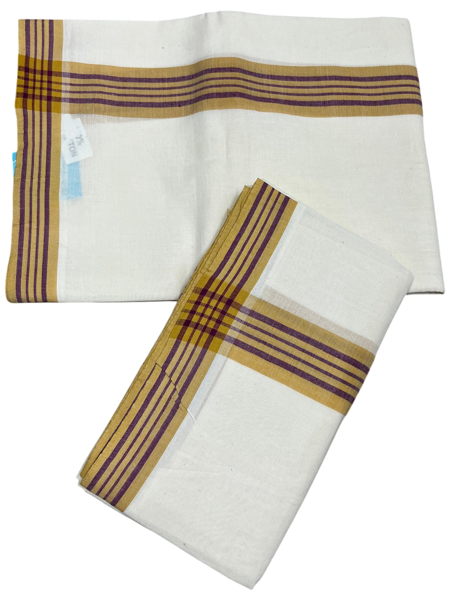 Southloom Pure Cotton Kerala Single Mulloth Set Mundu (Mundum Neriyathum) Mustard Yellow And Purple Border in 2.80 mtrs