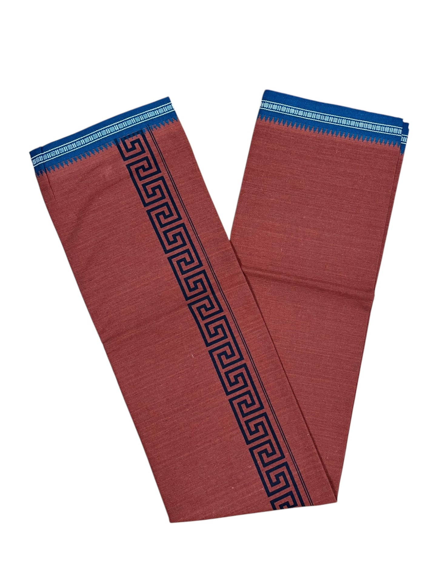 Southloom Saffron (Kaavi) Blue Printed Single Mundu / Lungi (South Indian Kerala Dhoti)