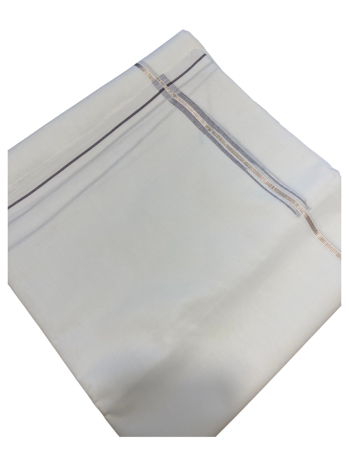 Pure White Cotton Double Mundu with Silver and Brown Chutti Kara (South Indian Dhoti)