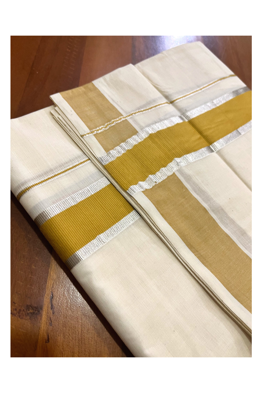 Pure Cotton Double Mundu with Yellow and Silver Kasavu Kara (South Indian Kerala Dhoti)