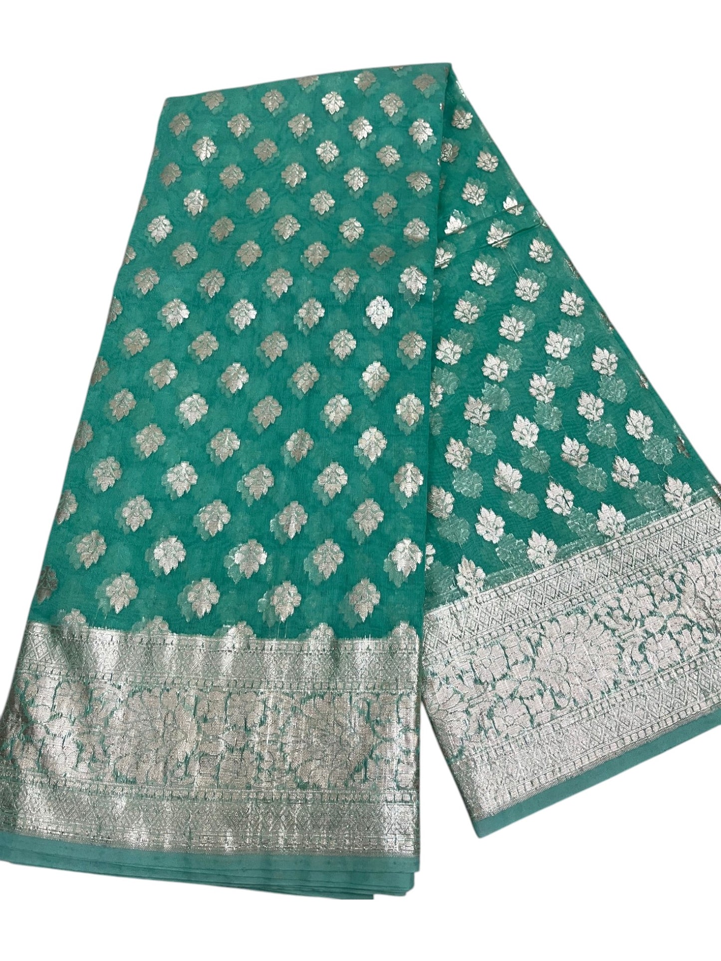 Southloom Cotton Banarasi Silk Saree with Woven Work on Body and Borders (Green)