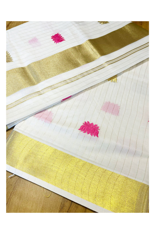 Southloom Kerala Cotton Kasavu Lines Saree with Pink Lotus Embroidery Works