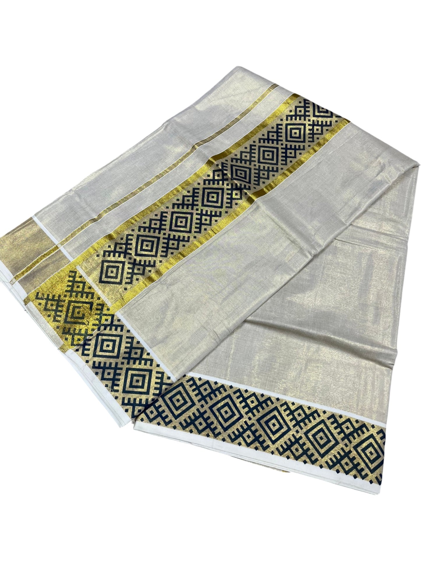 Southloom Kerala Tissue Kasavu Plain Saree Blue Hand Printed SL350