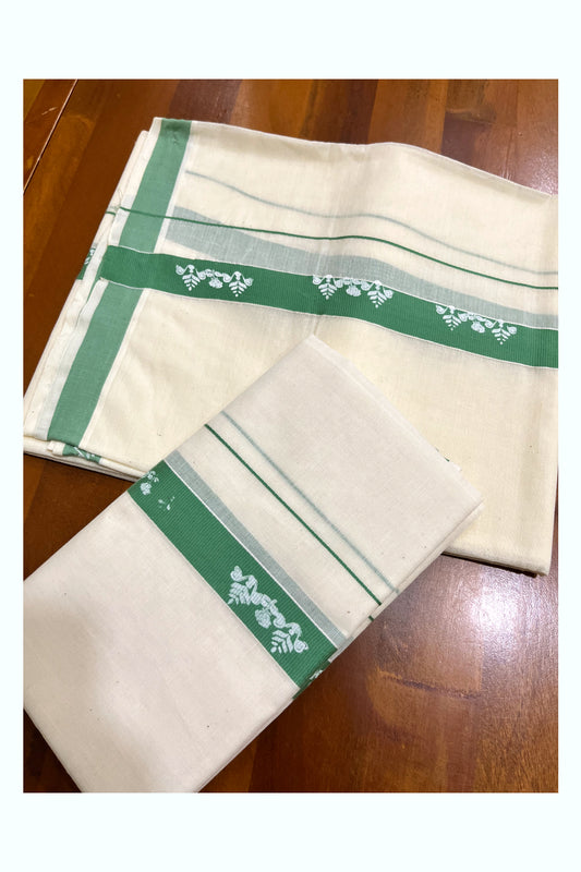 Kerala Pure Cotton Single Set Mundu (Mundum Neriyathum) with White Block Prints on Pastel Green Border