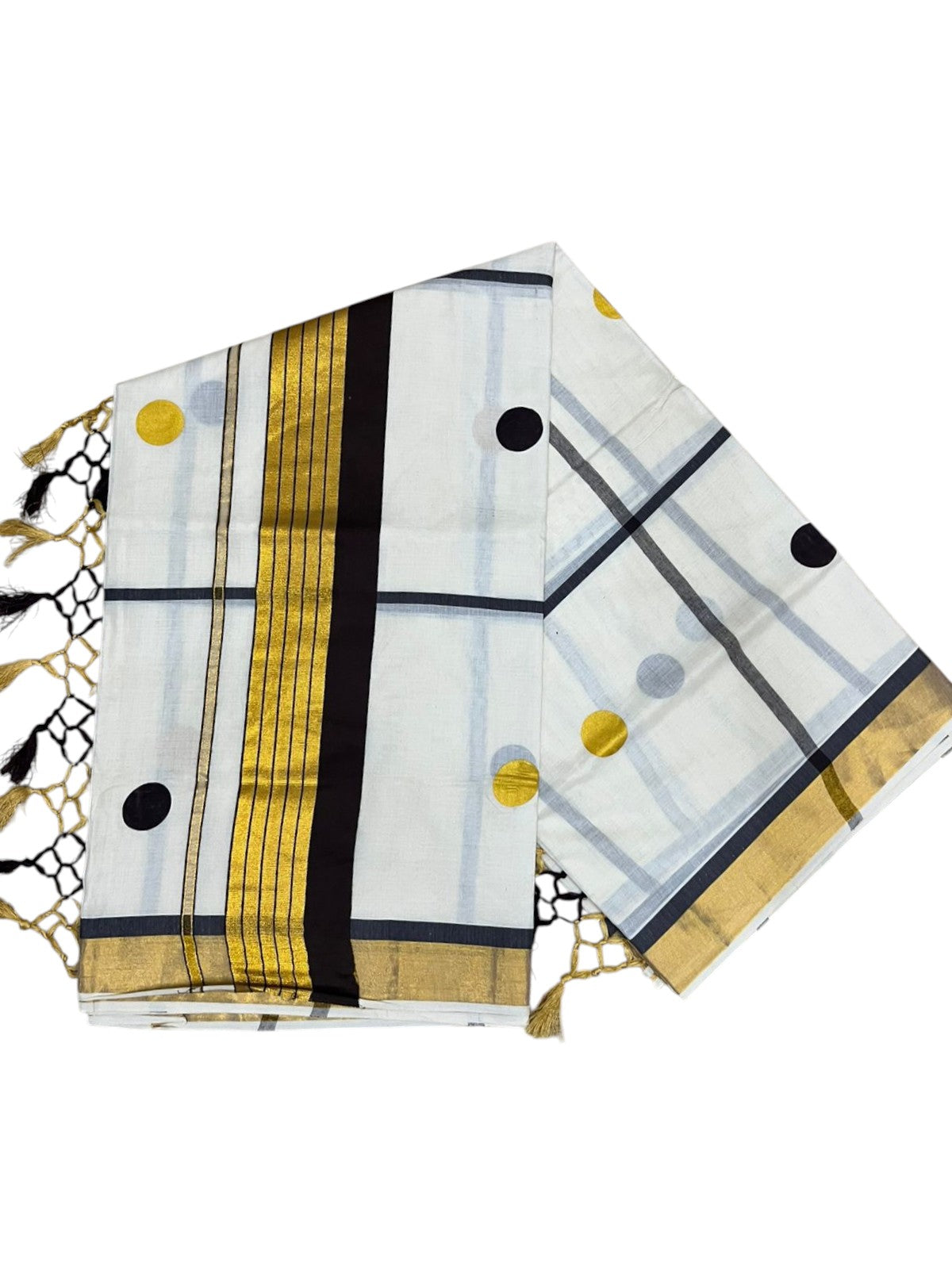 Southloom Kerala Cotton Kasavu Saree with Brown & Gold Polka Works on Body