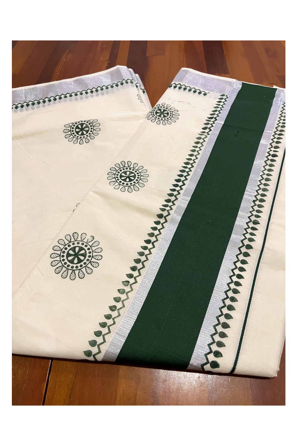 Kerala Pure Cotton Saree with Dark Green Block Prints and Silver Kasavu Border