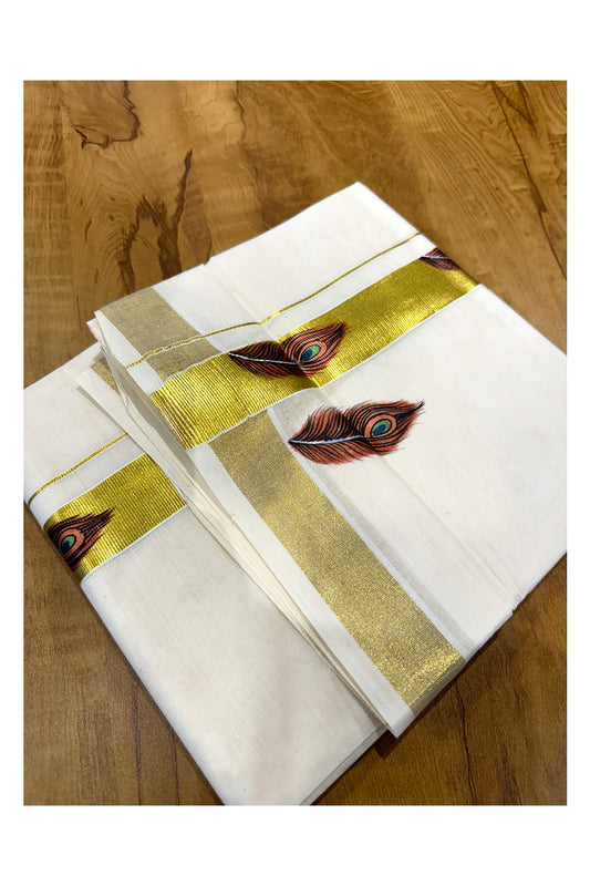 Off White Pure Cotton Double Mundu with Feather Mural Painted Design on Kasavu Kara (South Indian Dhoti)