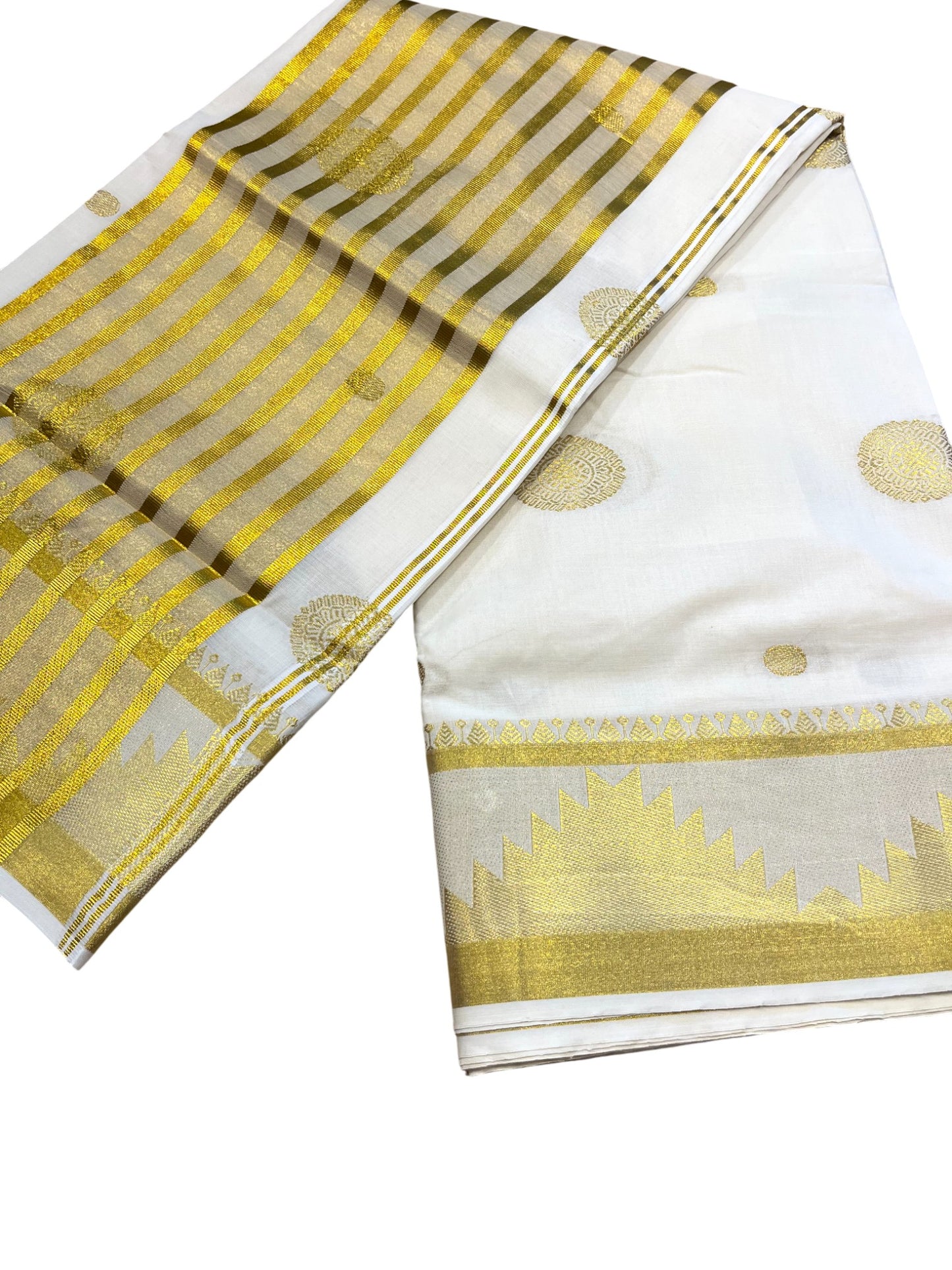 Southloom Cotton Kasavu Saree with Woven Butta Works Across Body and Temple Border